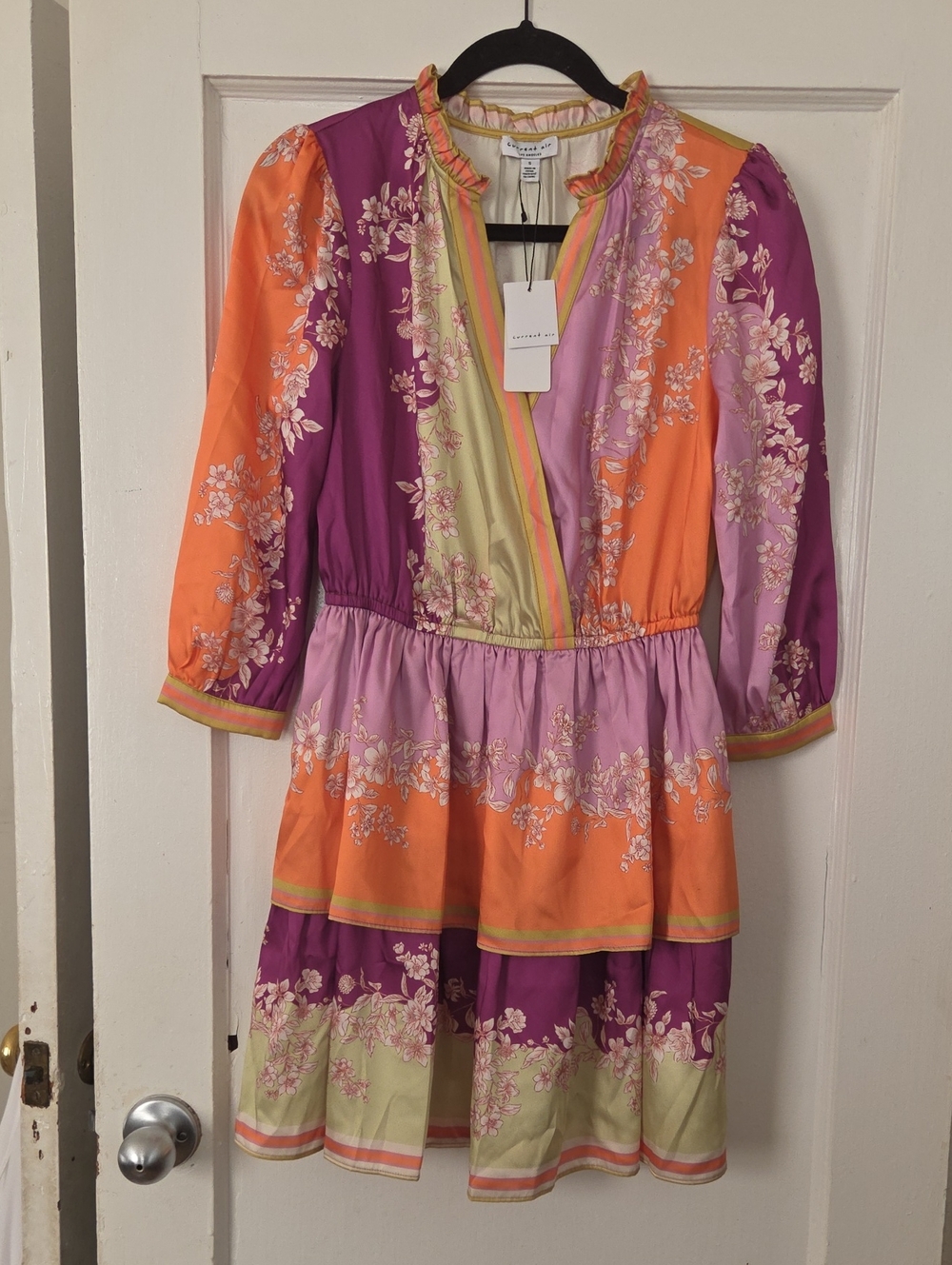 Current Air Floral Tiered Mini Dress in Purple, Orange & Pink